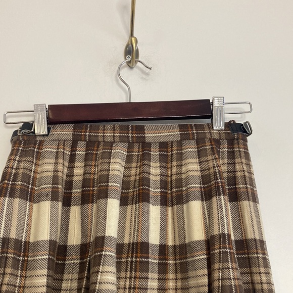 Vintage Kilt Womens XS Brown Cream Tartan Plaid Wool Pleated Midi Skirt Scotland - Picture 4 of 8
